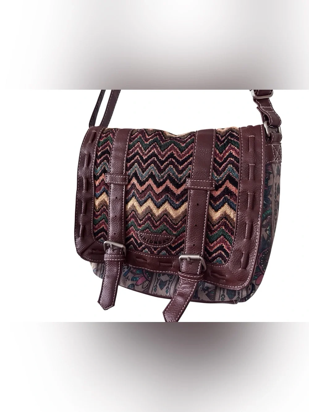 Stylish Multicolor Chevron Men’s Messenger Bag with Brown Leather Trim